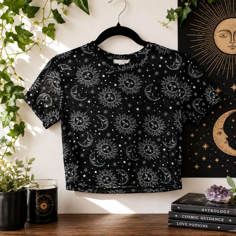 Full Tilt Sheer Mesh Crop Top XS S Black Sun Moon Stars Y2K Grunge